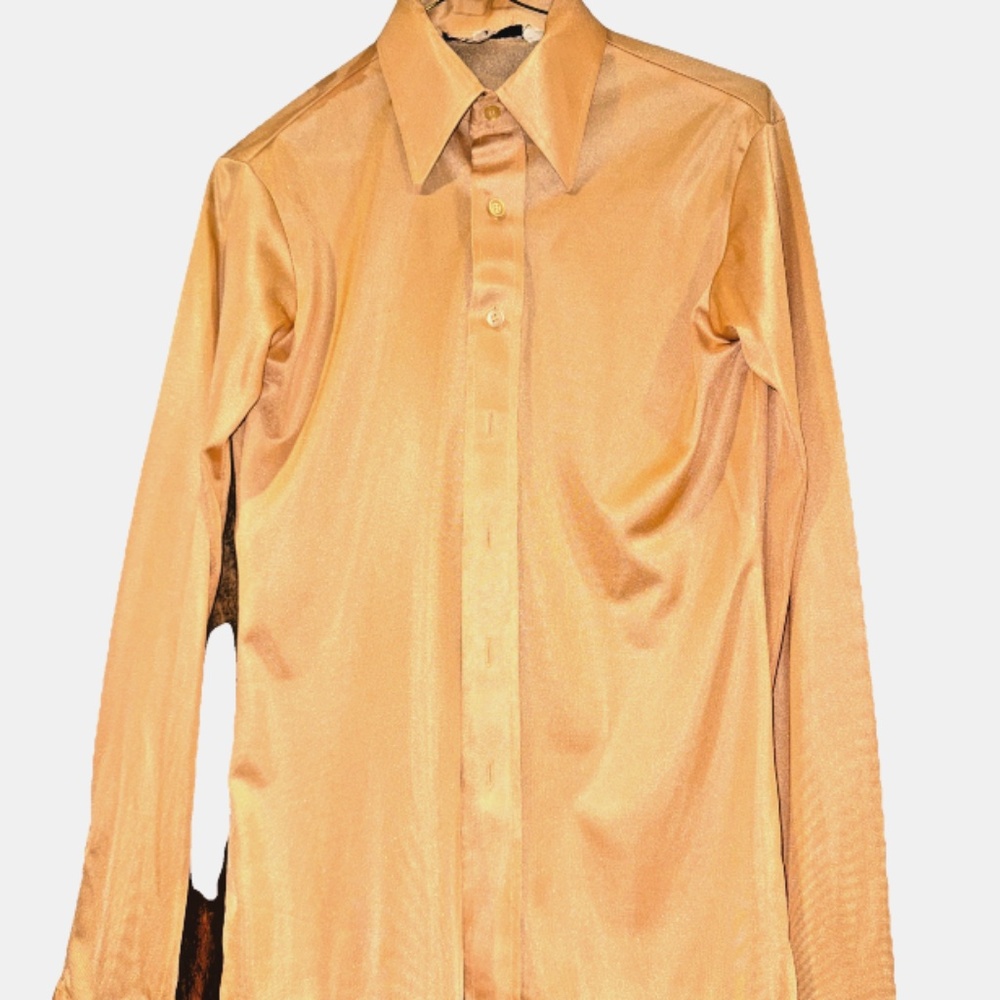 Vintage 1970 Chess King Mens Dress Shirt Peach Spread Collar Long Sleeve Nylon M